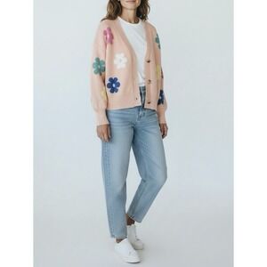 ADORA Flower Button Down Long Sleeve Multi Color Peach Cardigan Sweater Small